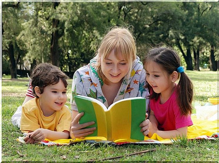 Mom reads to children