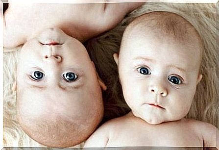 Twin babies with blue eyes.