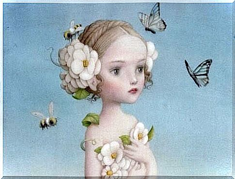 girl with flowers and butterflies